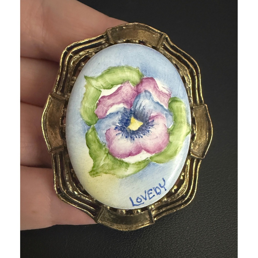 Vintage Hand Painted Brooch Pendant Victorian Revival Cameo Floral Gold Tone